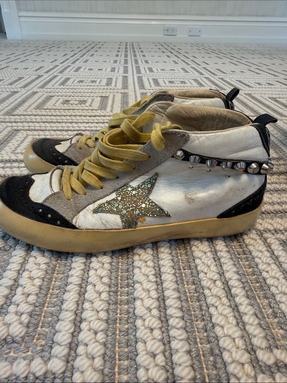 Golden Goose White Black Tan Sneakers with Gold Glitter Star and Studs